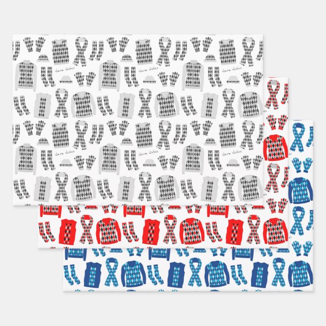 Argyle Clothes Illustration Grey Red and Blue Wrapping Paper Sheet (Set)
