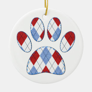 Argyle Dog Paw Print Ceramic Tree Decoration