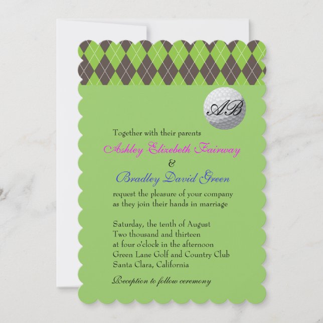 Argyle Golfball Golfing Green Monogram Wedding Invitation (Front)