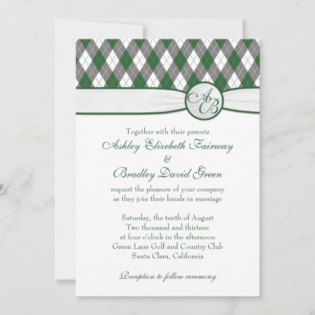 Argyle Golfball Golfing Green Monogram Wedding Invitation (Front)