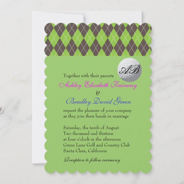 Argyle Golfball Golfing Green Monogram Wedding Invitation (Front)