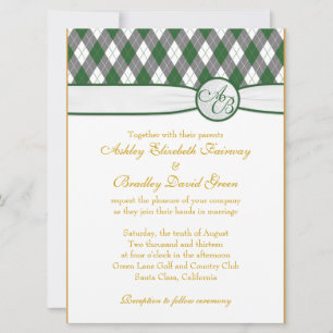 Argyle Golfball Golfing Green Monogram Wedding Invitation