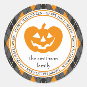 Argyle Happy Halloween Jack O Lantern Black/Orange Classic Round Sticker