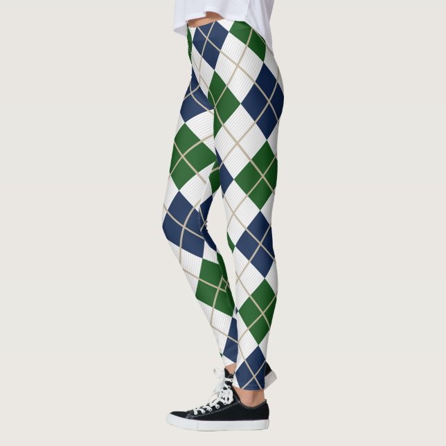 Argyle Harlequin Trendy Blue Green Diamond Leggings (Left)