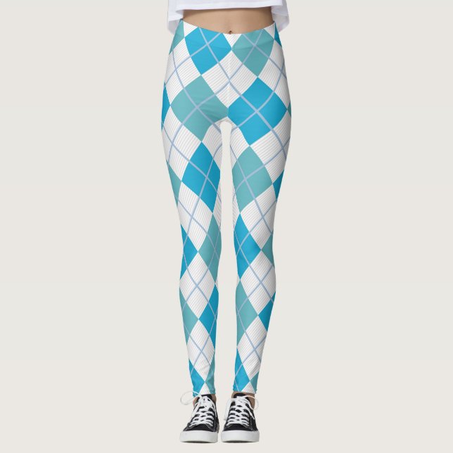 Argyle Harlequin Trendy Blue White Diamond Leggings (Front)