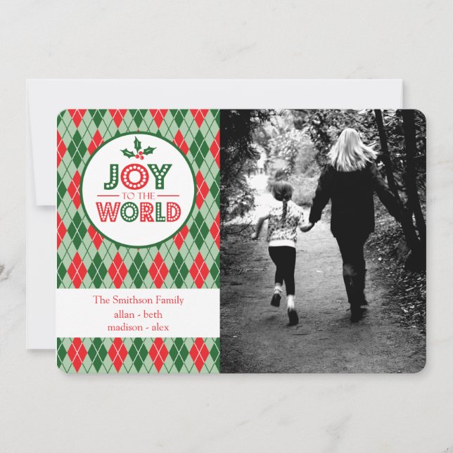 Argyle Joy To The World Christmas Picture (Holly) Holiday Card (Front)
