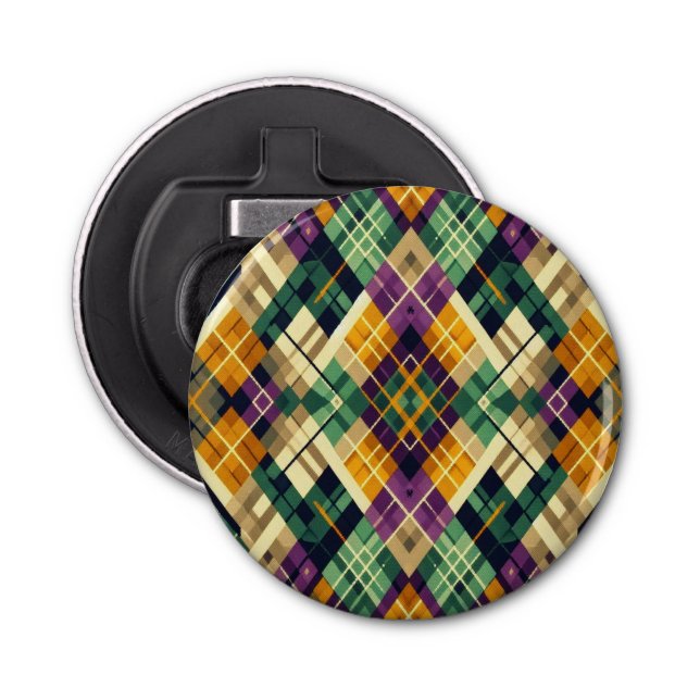 Argyle Mardi Gras yellow purple green Bottle Opener (Front)
