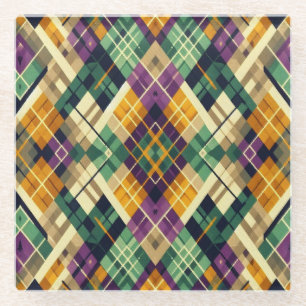 Argyle Mardi Gras yellow purple green Glass Coaster
