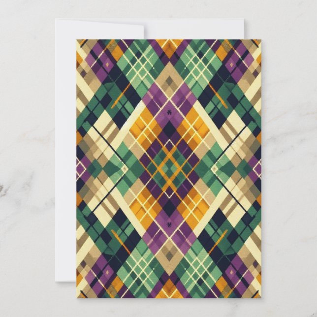 Argyle Mardi Gras yellow purple green Holiday Card (Front)