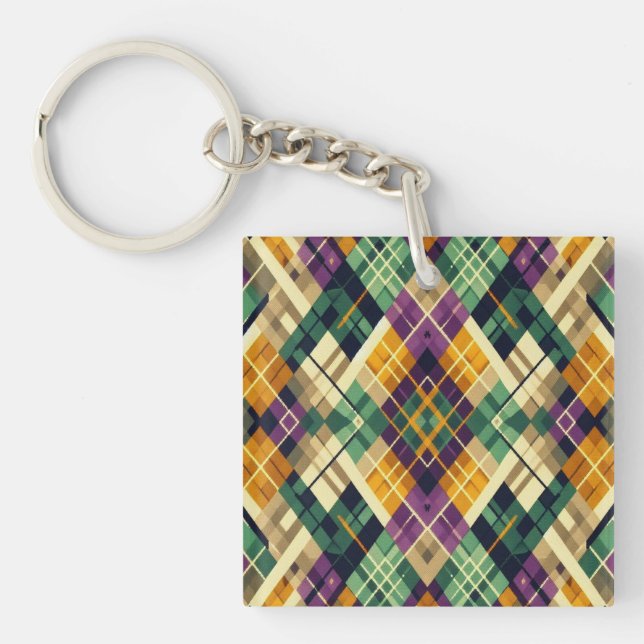 Argyle Mardi Gras yellow purple green Key Ring (Front)