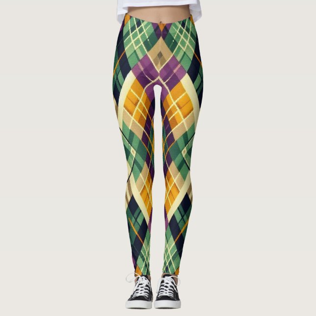 Argyle Mardi Gras yellow purple green Leggings (Front)