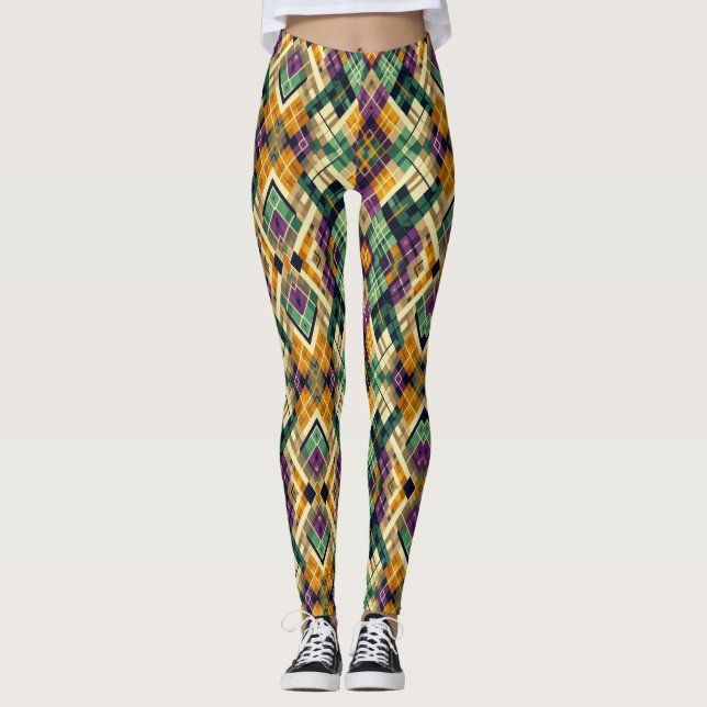 Argyle Mardi Gras yellow purple green Leggings (Front)