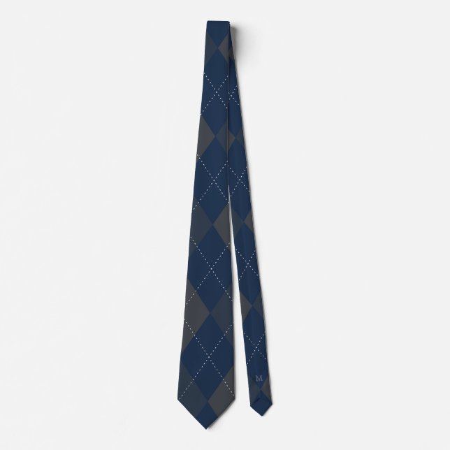 Argyle Monogram Hidden Initial Dark Blue Grey Tie (Front)
