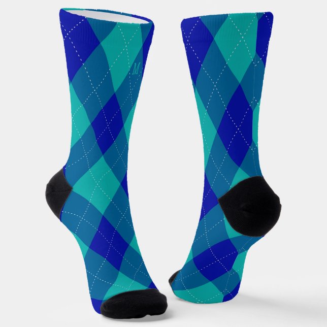 Argyle Monogram Initial Blue Turquoise  Socks (Angled)