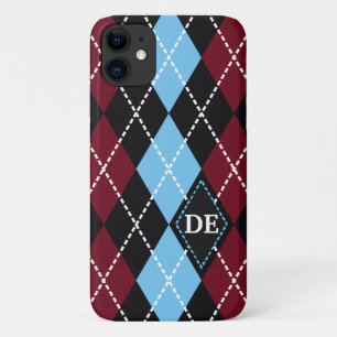 Argyle pattern black, burgundy blue monogram iPhone 11 case
