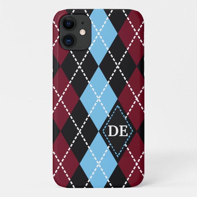 Argyle pattern black, burgundy blue monogram Case-Mate iPhone case (Back)