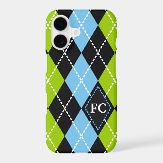 Argyle pattern black, green, blue monogram
