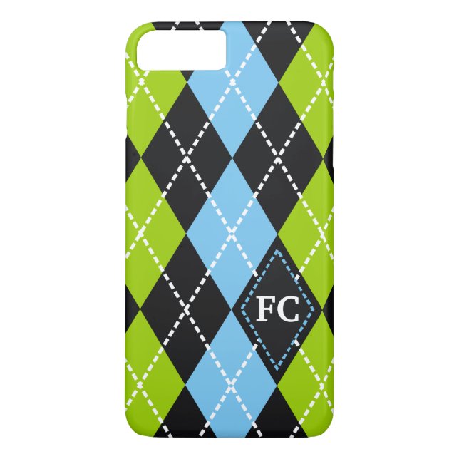 Argyle pattern black, green, blue monogram Case-Mate iPhone case (Back)