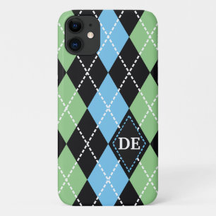 Argyle pattern black, grey and green monogram iPhone 11 case