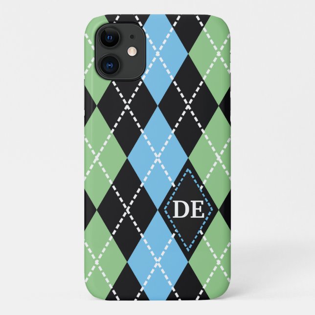 Argyle pattern black, grey and green monogram Case-Mate iPhone case (Back)