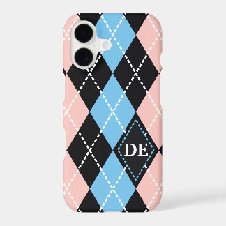 Argyle pattern black, grey and pink monogram