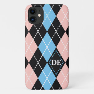 Argyle pattern black, grey and pink monogram iPhone 11 case