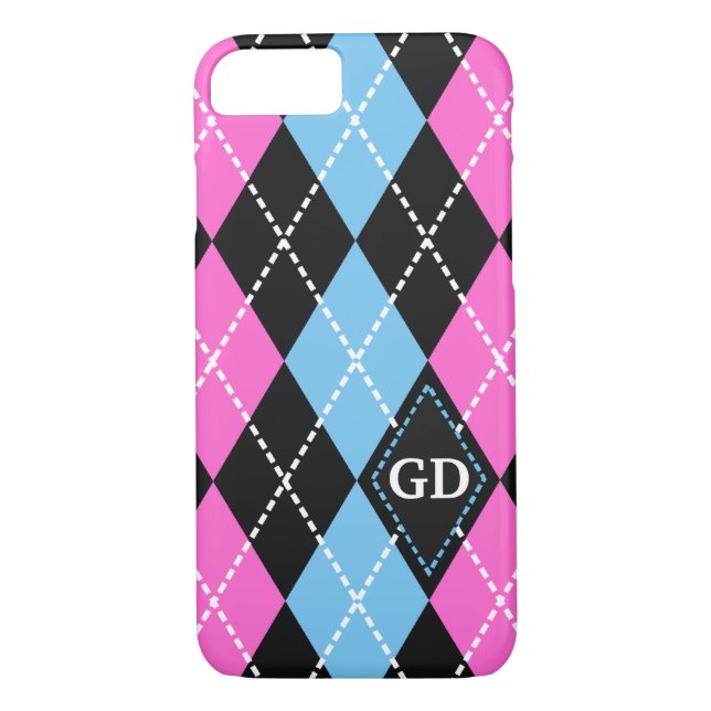 Argyle pattern black, pink, blue monogram Case-Mate iPhone case (Back)