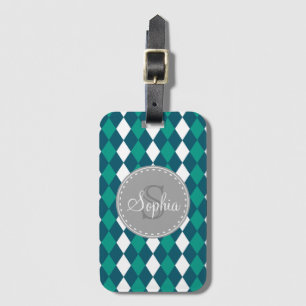 Argyle Pattern Blue Green Grey Monogram Luggage Tag