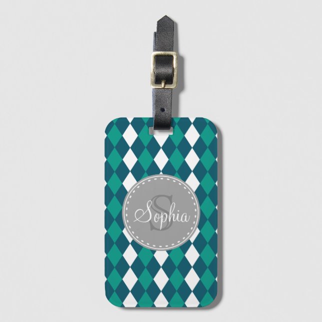 Argyle Pattern Blue Green Grey Monogram Luggage Tag (Front Vertical)