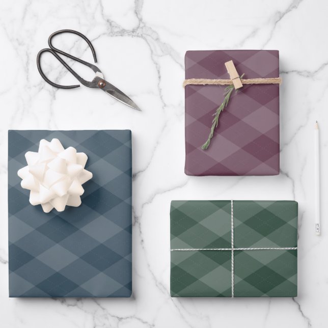 Argyle Pattern Burgundy Teal and Dark Green Wrapping Paper Sheet (Front)