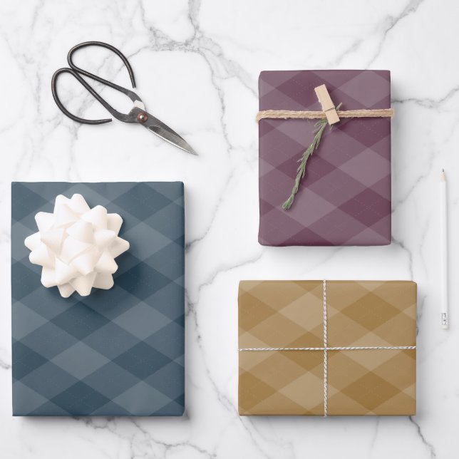 Argyle Pattern Burgundy Teal and Gold ochre Wrapping Paper Sheet (Front)
