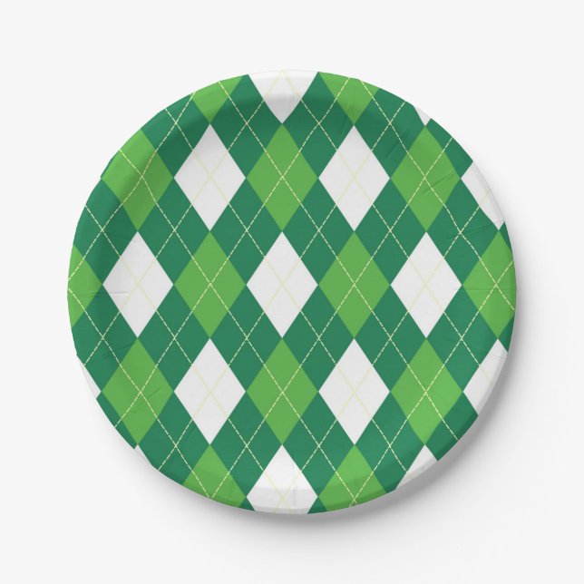 Argyle pattern, green and white paper plate (Front)
