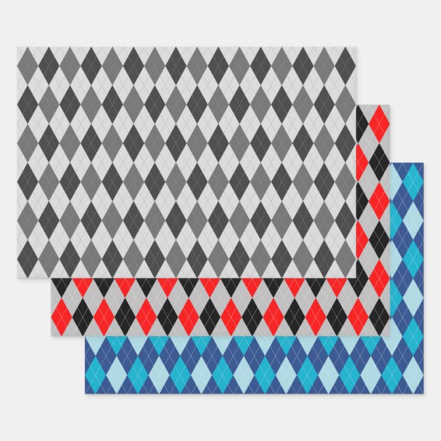 Argyle Pattern Grey Red and Blue Wrapping Paper Sheet (Set)