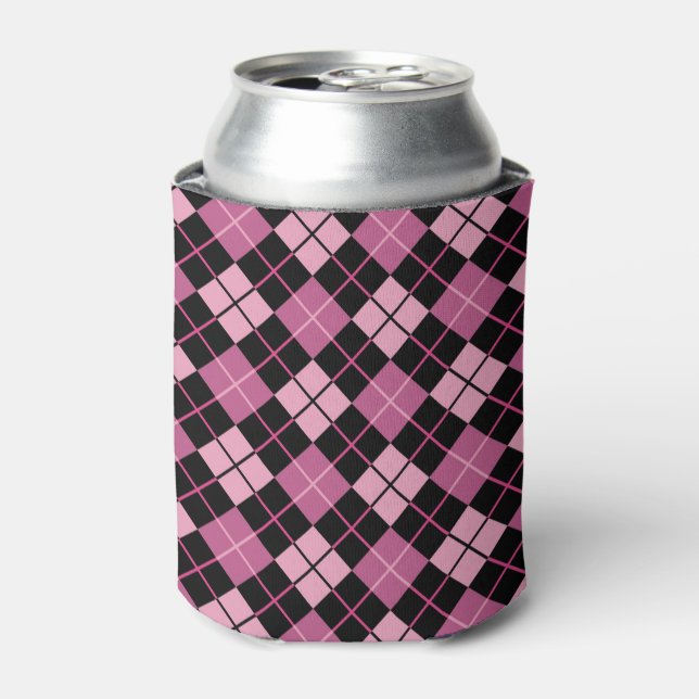 Argyle Pattern in Black and Pink Can Cooler (Can Front)