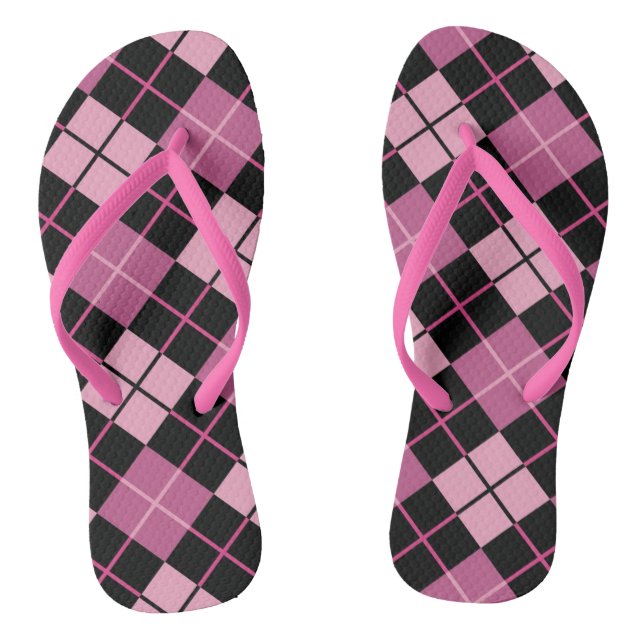 Argyle Pattern in Black and Pink Flip Flops (Footbed)