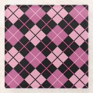 Argyle Pattern in Black and Pink Glass Coaster