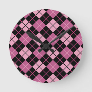 Argyle Pattern in Black and Pink Round Clock