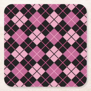 Argyle Pattern in Black and Pink Square Paper Coaster