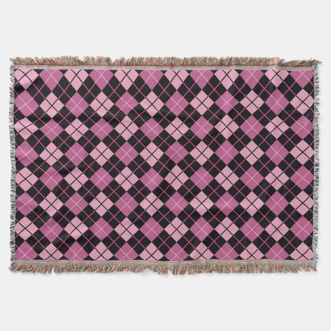 Argyle Pattern in Black and Pink Throw Blanket (Front)