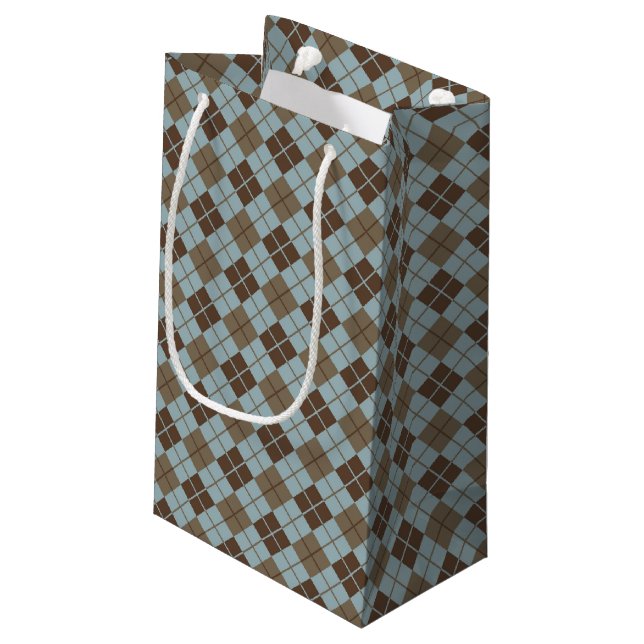 Argyle Pattern in Blue and Taupe Small Gift Bag (Back Angled)
