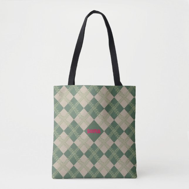  Argyle pattern name green  red tote bag (Front)