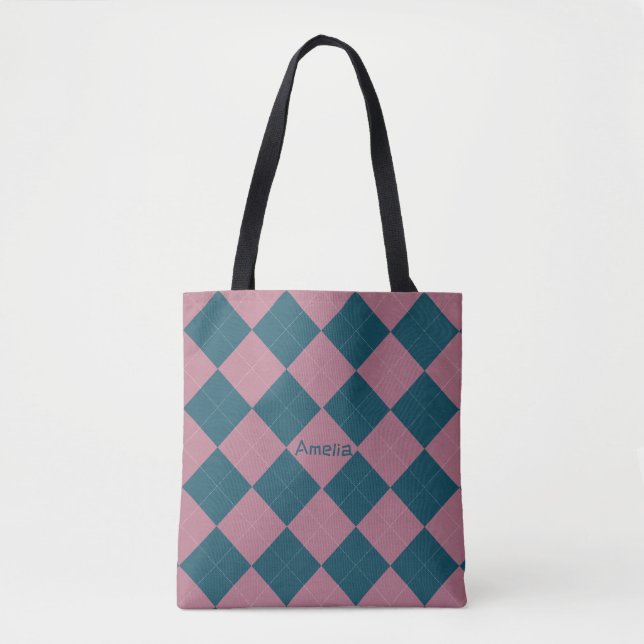  Argyle pattern name ocean blue pink tote bag (Front)