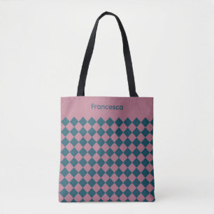  Argyle pattern ocean blue pink name tote bag