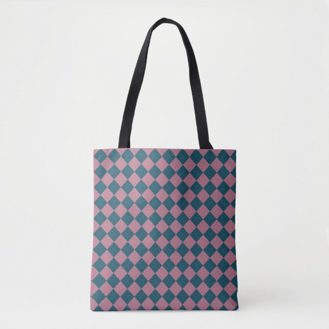  Argyle pattern ocean blue pink tote bag (Front)