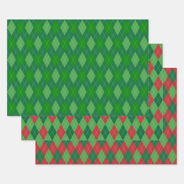 Argyle Pattern Red and Green Wrapping Paper Sheet (Set)