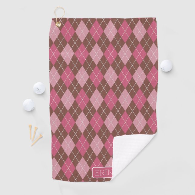 Argyle Pink and Brown with Your Name or Initials Golf Towel (InSitu)