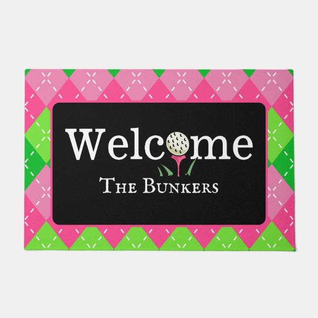 Argyle Pink and Green Golf Welcome Entry Doormat (Front)
