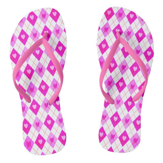Argyle Pink Diamonds Hearts Pattern Leggings Flip Flops (Footbed)