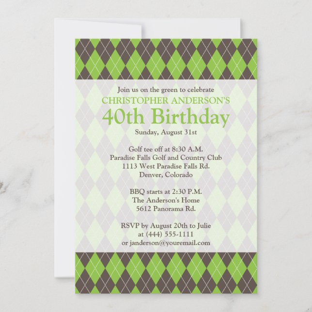 Argyle Plaid Brown Green Golf Golfing 0th Birthday Invitation (Front)