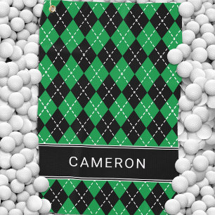 Argyle Plaid Create Custom Name Black Green Golf Towel